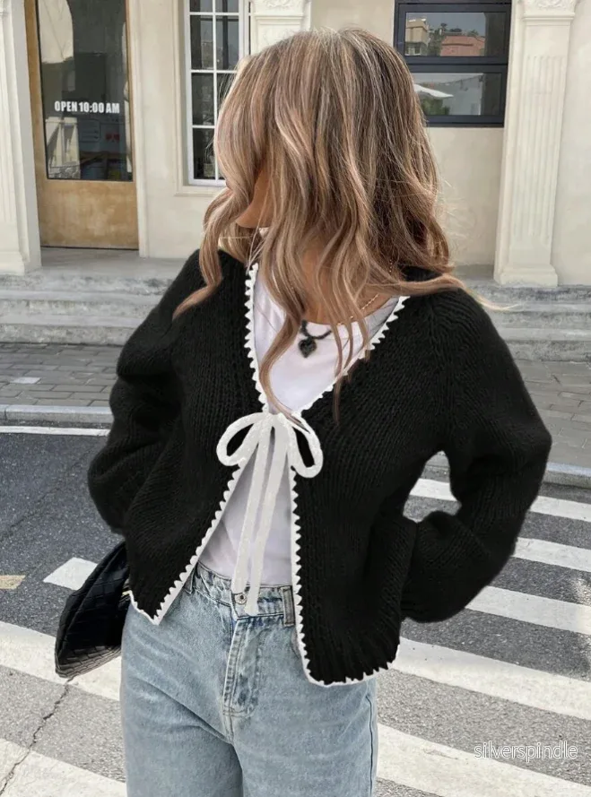 Elegant Knytbandskofta för Kvinnor | Beskuren Stickad Layer med Kontrastkant för Avslappnad och Uppklädd Stil - Bild 3