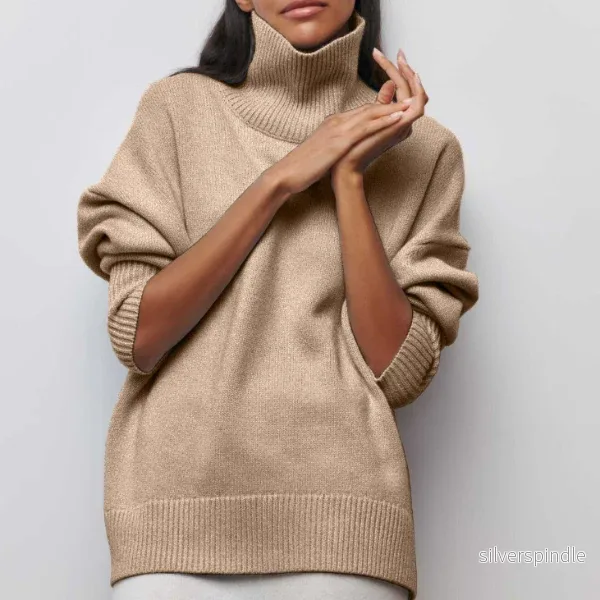 Elegant Ribbstickad Turtleneck-tröja för Kvinnor med Oversize Passform | Mjuk och Andningsbar för Komfort och Stil - Bild 3