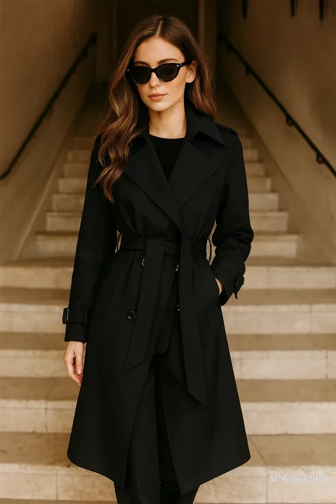 Elegant Svart Trenchcoat för Kvinnor med Justerbart Bälte | Tidlös Design för Raffinerad Stil - Bild 2