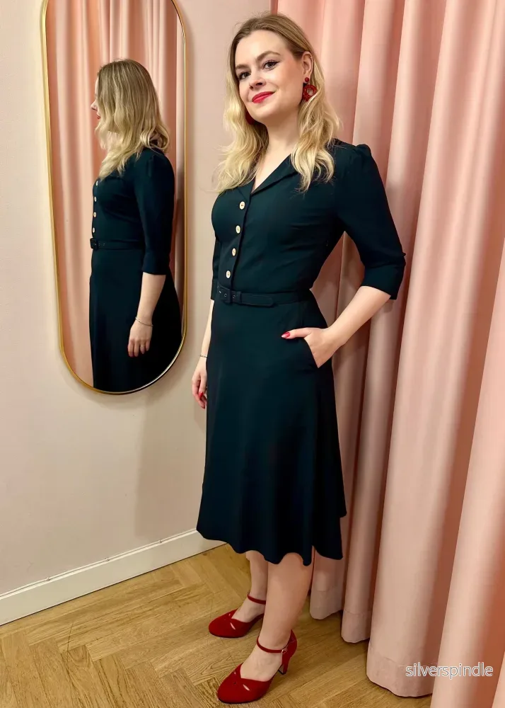 Betty skjortklänning med 3/4-ärmar - mörkgrön - Bild 2