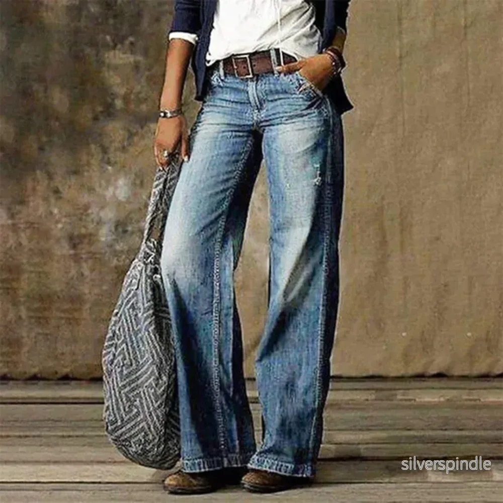 Moderna Vida Jeans | Högmidjade med Bred Benöppning & Fickor | Tidlös Stil för Komfort Moderna Vida Jeans | Högmidjade med Bred Benöppning & Fickor | Tidlös Stil för Komfort