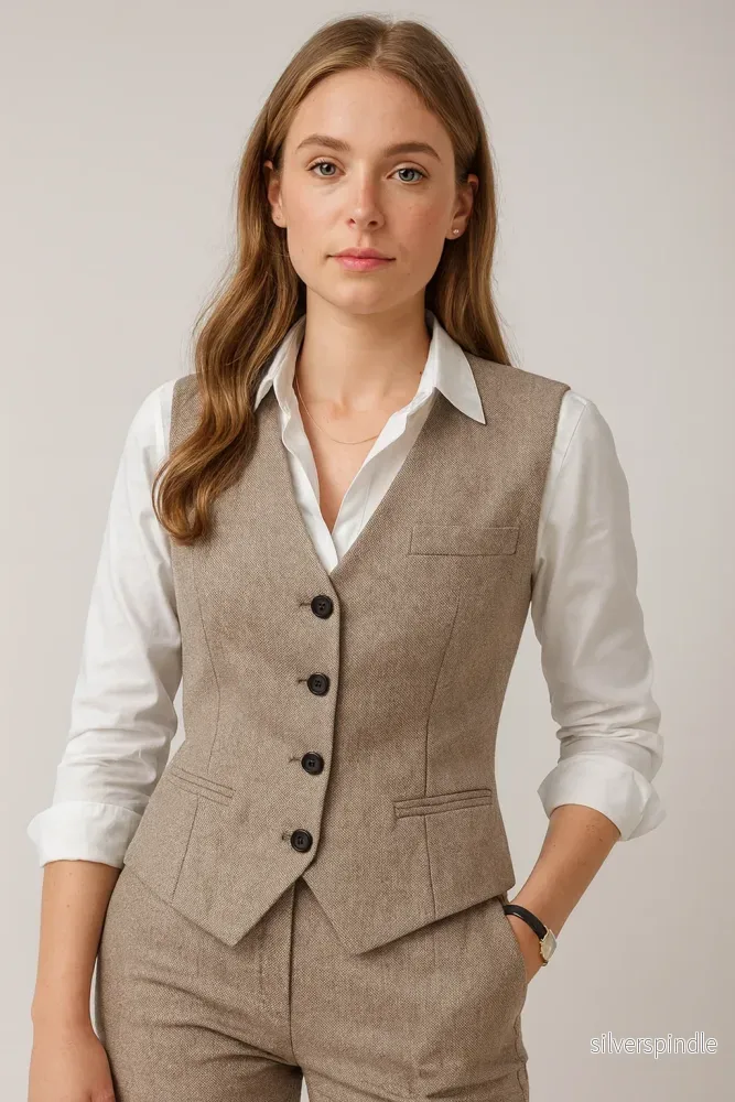 Elegant Damkostym | Beige Dam Kostym med Figursydd Kavaj, Väst och Skräddade Byxor för Professionell Stil - Bild 2