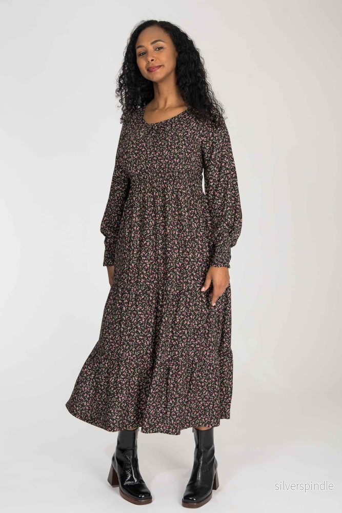 Soft viscose smock midi dress - Black-Pink flower