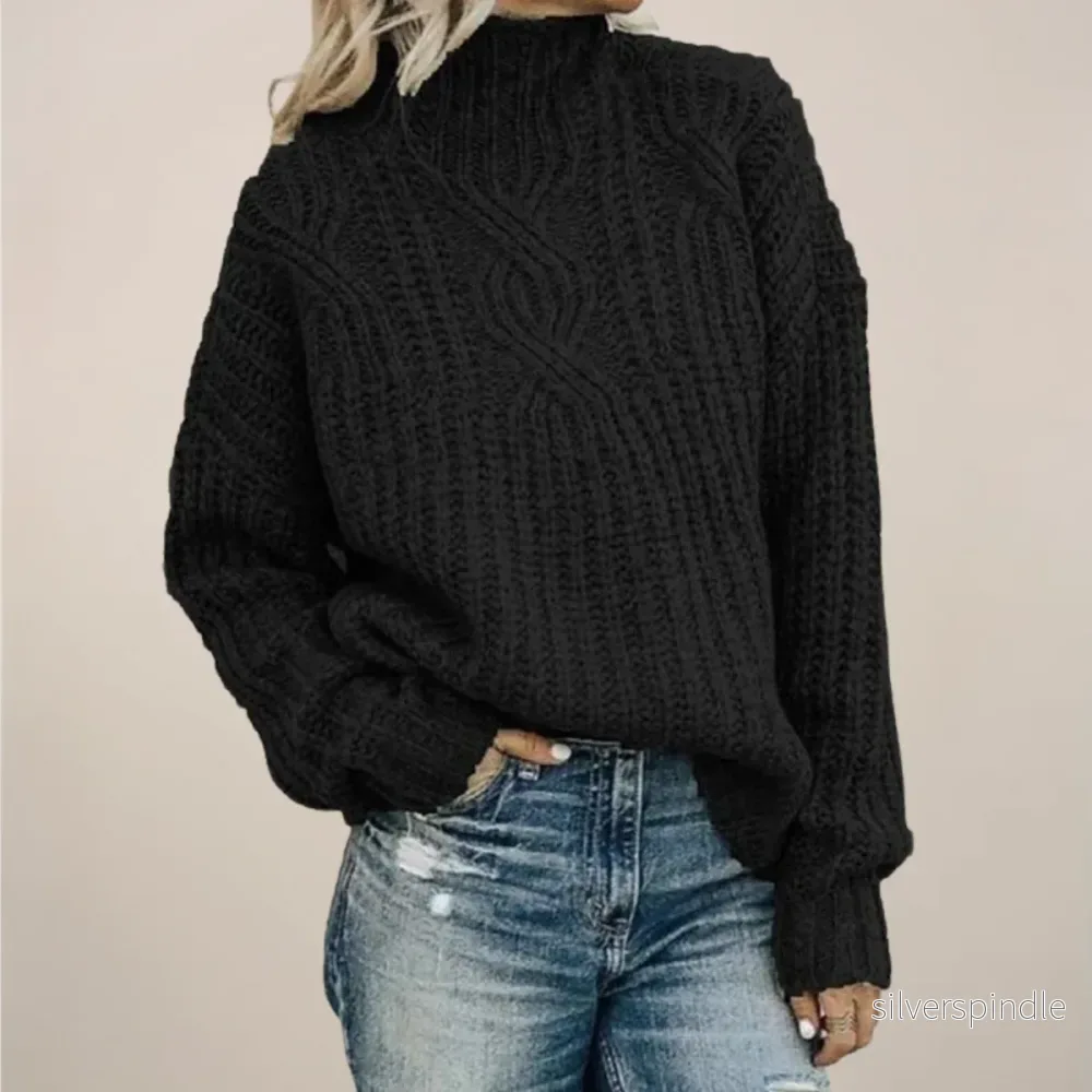 Kabelstickad Tröja | Svart Mock Neck med Chunky Design | Avslappnad Passform för Höst och Vinter Kabelstickad Tröja | Svart Mock Neck med Chunky Design | Avslappnad Passform för Höst och Vinter