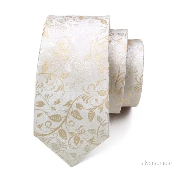 Elegant Blommig Slips i Vitguld med Matchande Fickruta & Manschettknappar | Perfekt för Formella Tillfällen - Bild 2
