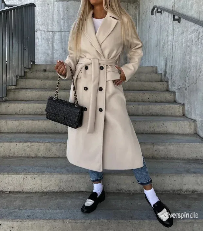 Elegant Kappa för Kvinnor | Lång Dubbelknäppt Design med Midjebälte | Perfekt för Vinterstil och Komfort - Bild 3
