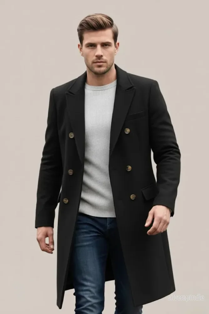 Elegant Dubbelknäppt Lång Kappa för Män med Skräddarsydd Passform | Tidlös Design för Alla Tillfällen Elegant Dubbelknäppt Lång Kappa för Män med Skräddarsydd Passform | Tidlös Design för Alla Tillfällen