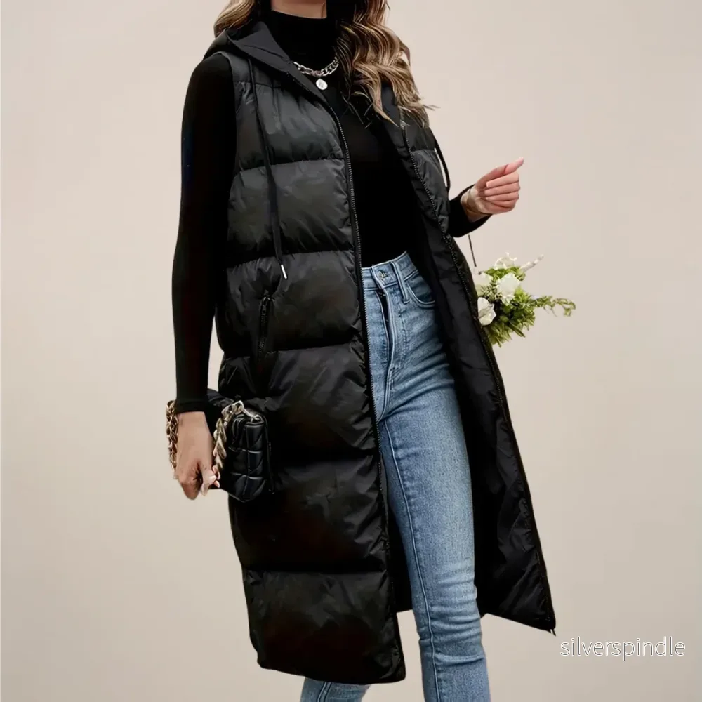 Elegant Longline Puffer Gilet för Kvinnor med Huva och Dragkedja | Isolerande Lager för Kalla Dagar - Bild 3
