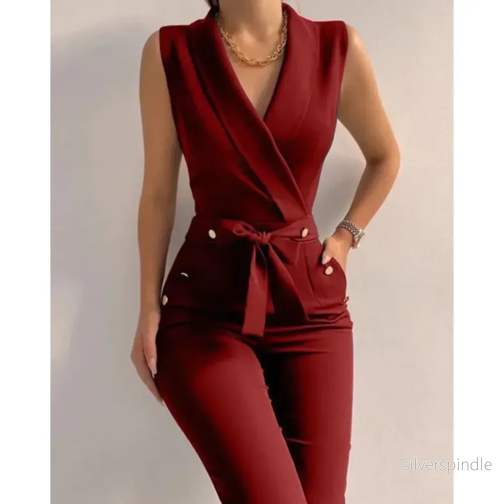 Elegant Jumpsuit med V-Ringning och Snörning i Ryggen | Ärmlös Design för Stiliga Utekvällar - Bild 2