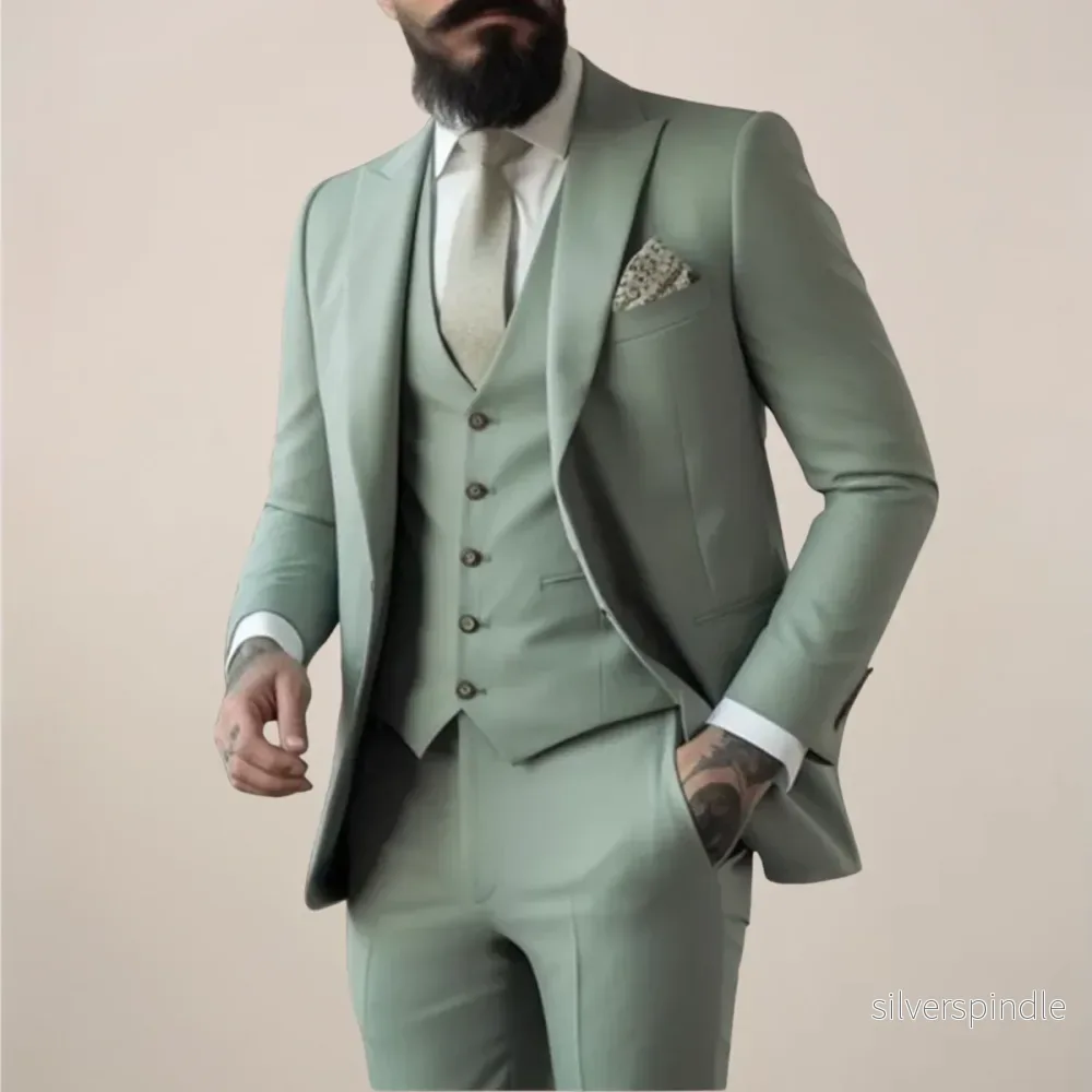 Elegant Slim Fit Kostym Herr i Sage Green med Tredelad Design | Perfekt för Bröllop och Formella Evenemang