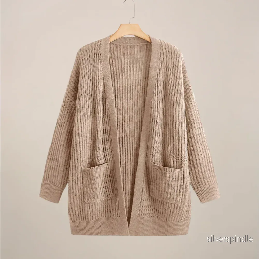 Lång Kofta | Stickad Öppen Cardigan med Ribbade Detaljer | Mångsidig Layering för Komfort