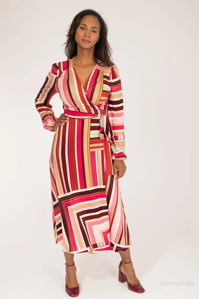 Puff sleeve midi wrap jersey dress – Pink printed