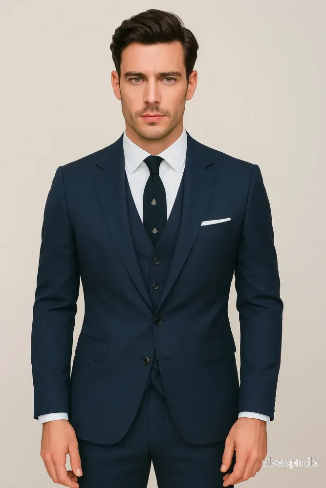 Klassisk Marinblå Kostym Herr med Skräddarsydd Kavaj & Väst | Perfekt för Business Casual