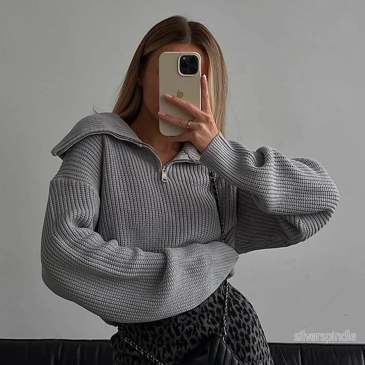 Sophie | Elegant Vit Stickad Tröja med Dragkedjekrage - Bild 2