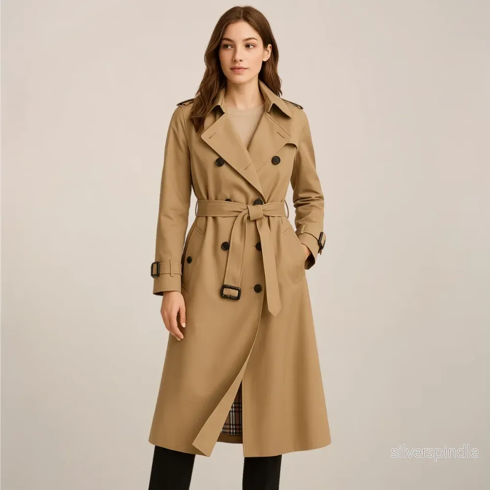 Elegant Trenchcoat | Dubbelknäppt Design med Bälte & Rutigt Foder | Tidlös Stil för Kalla Dagar - Bild 3