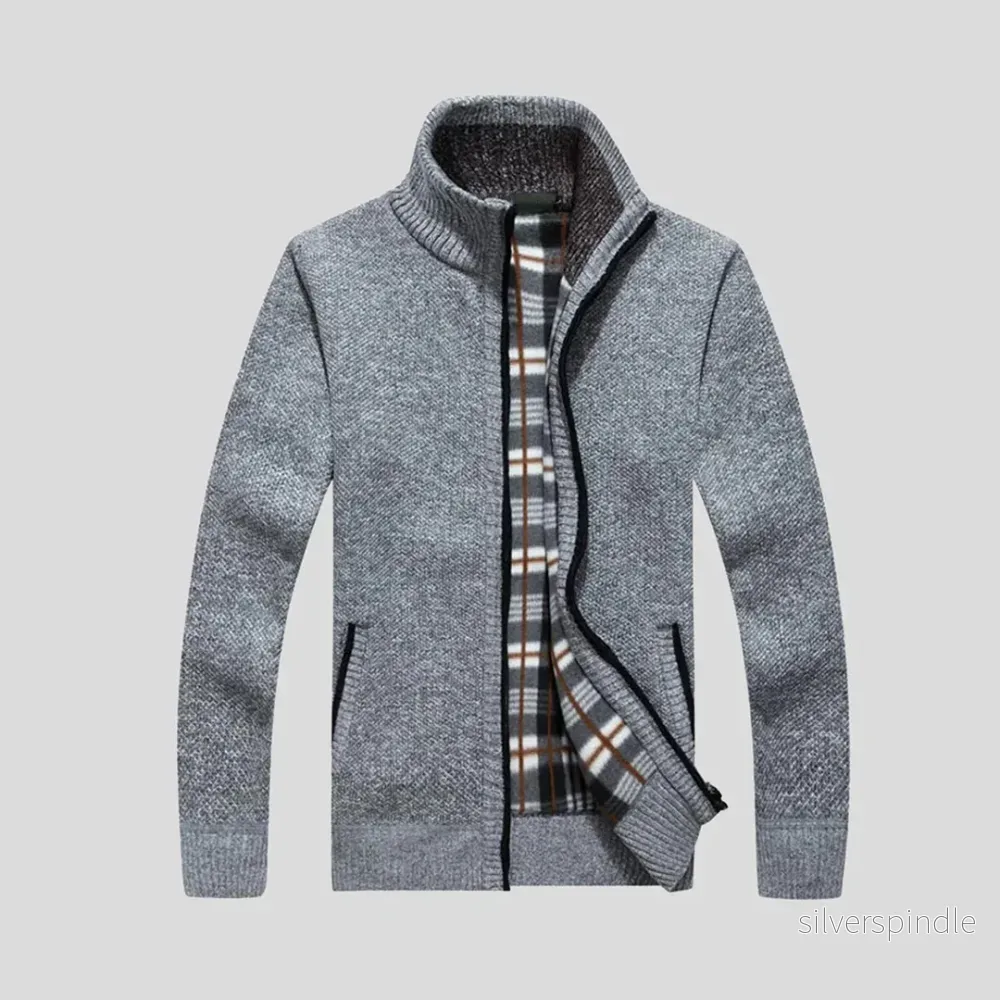Eleganta Herrcardigan | Stickad Kofta med Hög Krage och Dragkedja | Värmande Flanellfoder för Kalla Dagar - Bild 3