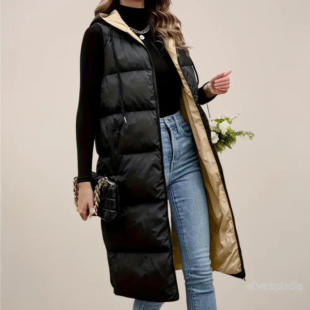 Elegant Longline Puffer Gilet för Kvinnor med Huva och Dragkedja | Isolerande Lager för Kalla Dagar