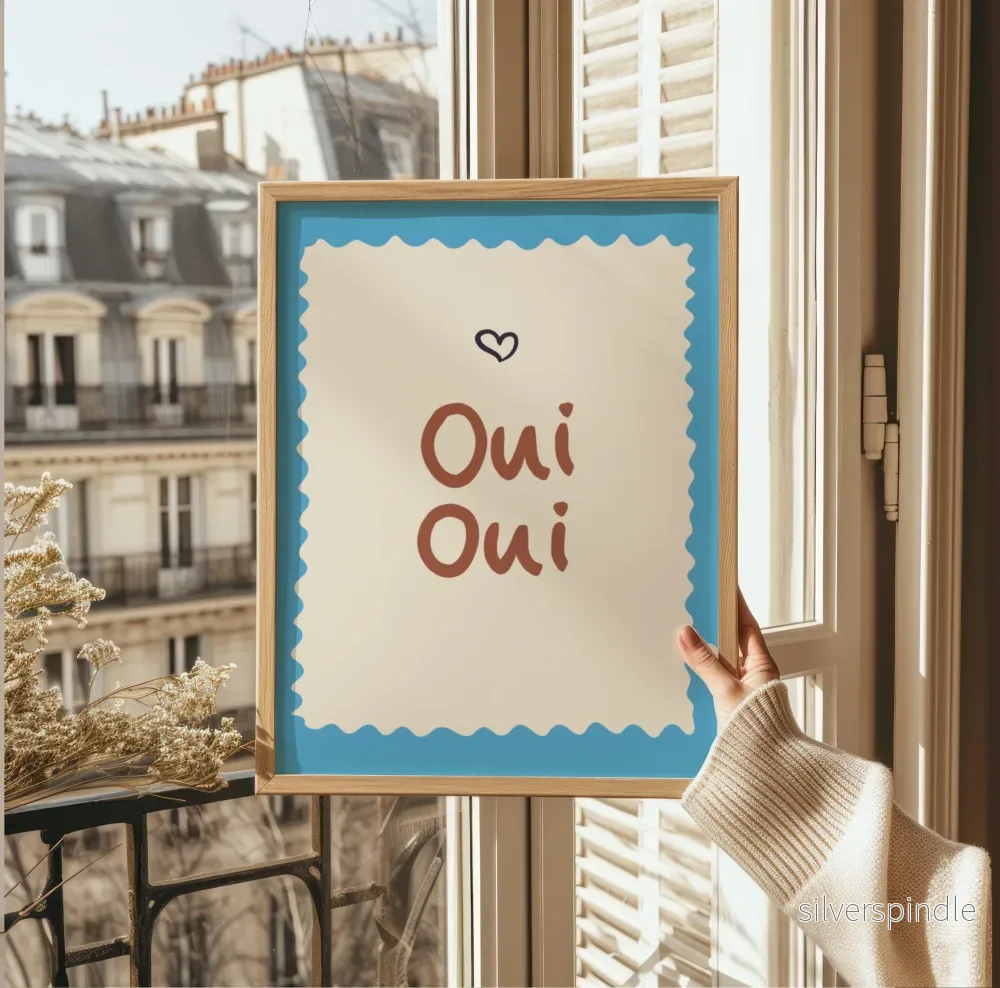 Oui Oui Poster med turkos vågig ram – Bohemisk Typografiposter i Danish Pastel