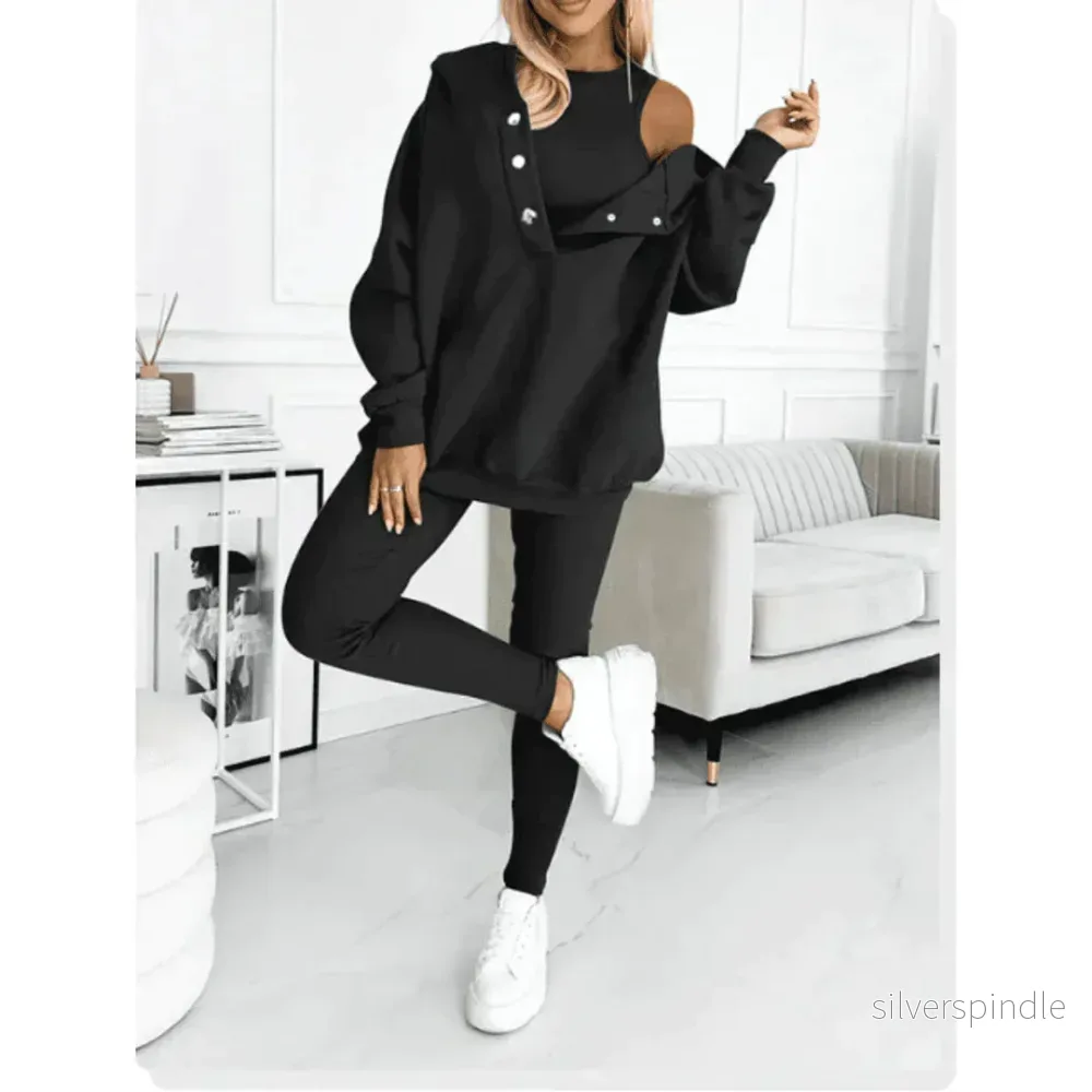 Kvinnors 3-delat Set | Mjuk Hoodie, Topp & Leggings med Justerbar Passform | Perfekt för Avkoppling och Träning - Bild 3