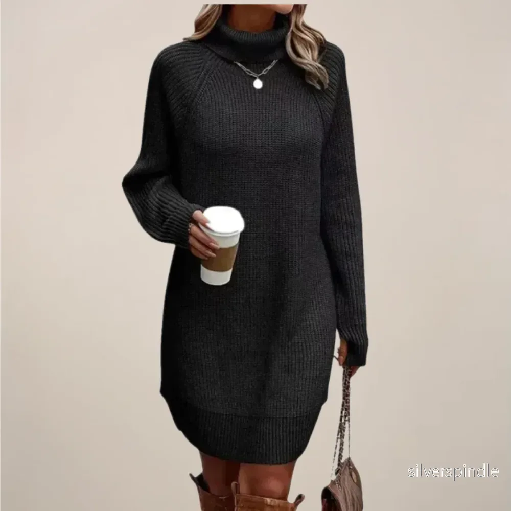 Elegant | Damklänning med Polokrage och Raglanärmar | Mjuk Stickad Design för Komfort och Stil - Bild 3