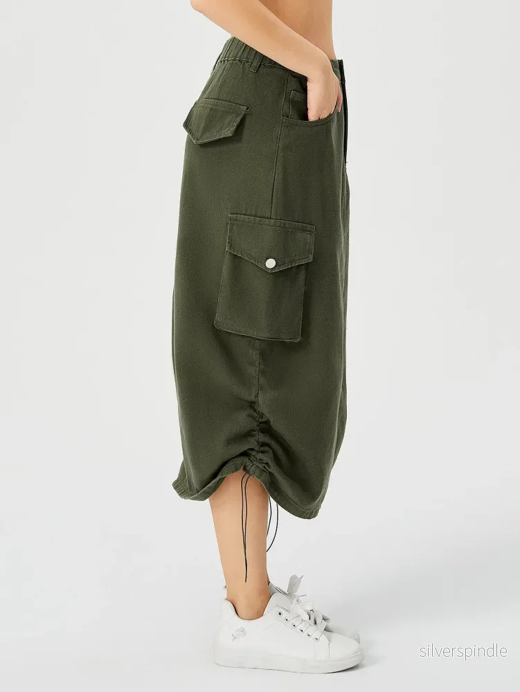 Emma | Hög Midja Cargo Midi Kjol med Slits - Bild 3
