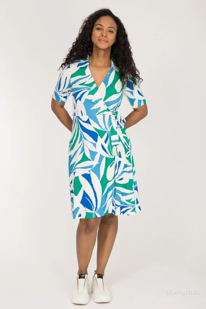 Collar wrap short jersey dress – Blue-Green Collar wrap short jersey dress – Blue-Green