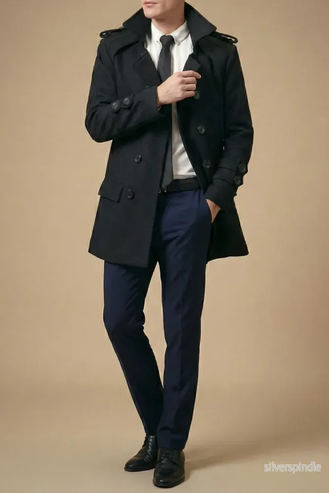 Elegant Trenchcoat Män | Dubbelknäppt Ull Design för Mångsidig Klädsel och Komfort - Bild 2