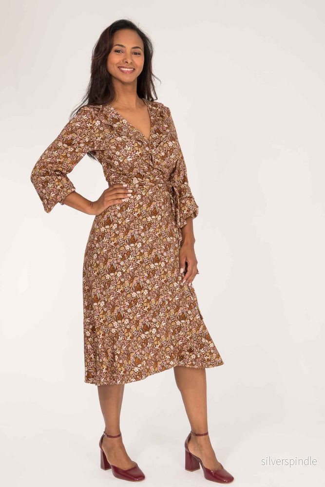 Ruffle wrap short jersey dress – Nougat Ruffle wrap short jersey dress – Nougat