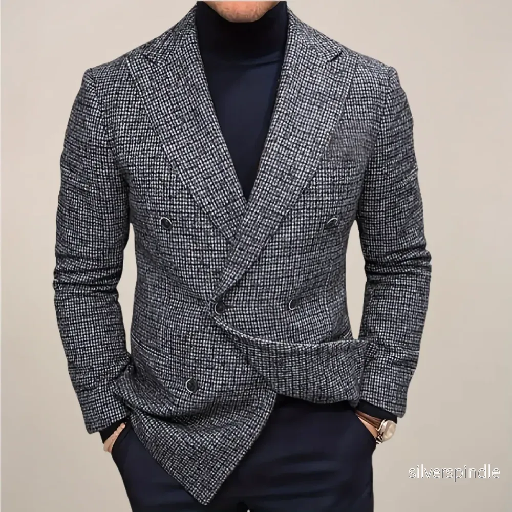 Skräddarsydd Kavaj | Dubbelknäppt Slim Fit Blazer med Rutmönster | Elegant Design för Mångsidiga Tillfällen