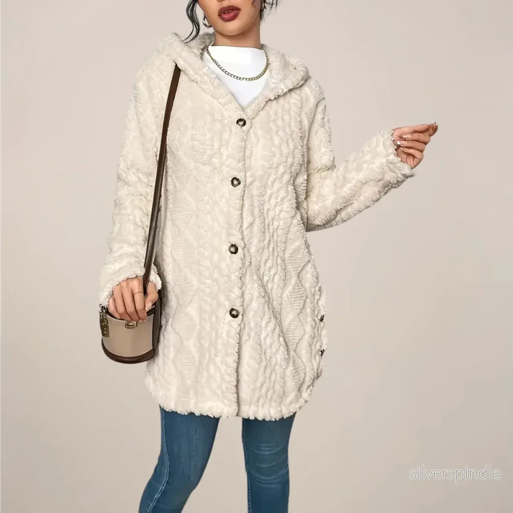 Elegant Longline Cardigan för Damer med Huvud och Diamantmönster | Varm och Bekväm för Kalla Dagar