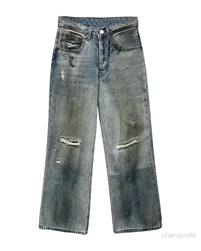 Emma | Retro Raka Jeans med Sliten Design Emma | Retro Raka Jeans med Sliten Design