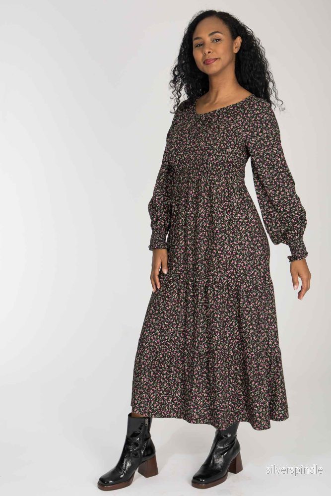 Soft viscose smock midi dress - Black-Pink flower - Bild 3