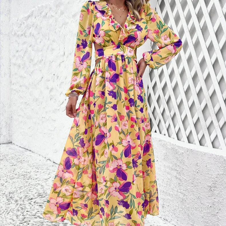 Mia | Elegant Långärmad Klänning med Blommönster för Fest - Bild 2