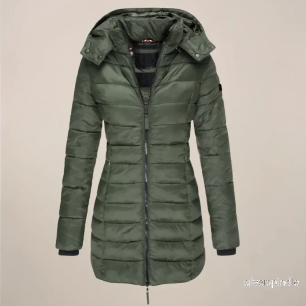 Elegant Lång Pufferjacka Dam med Huvdesign | Slim Fit Vinterkappa för Stil och Värme - Bild 3