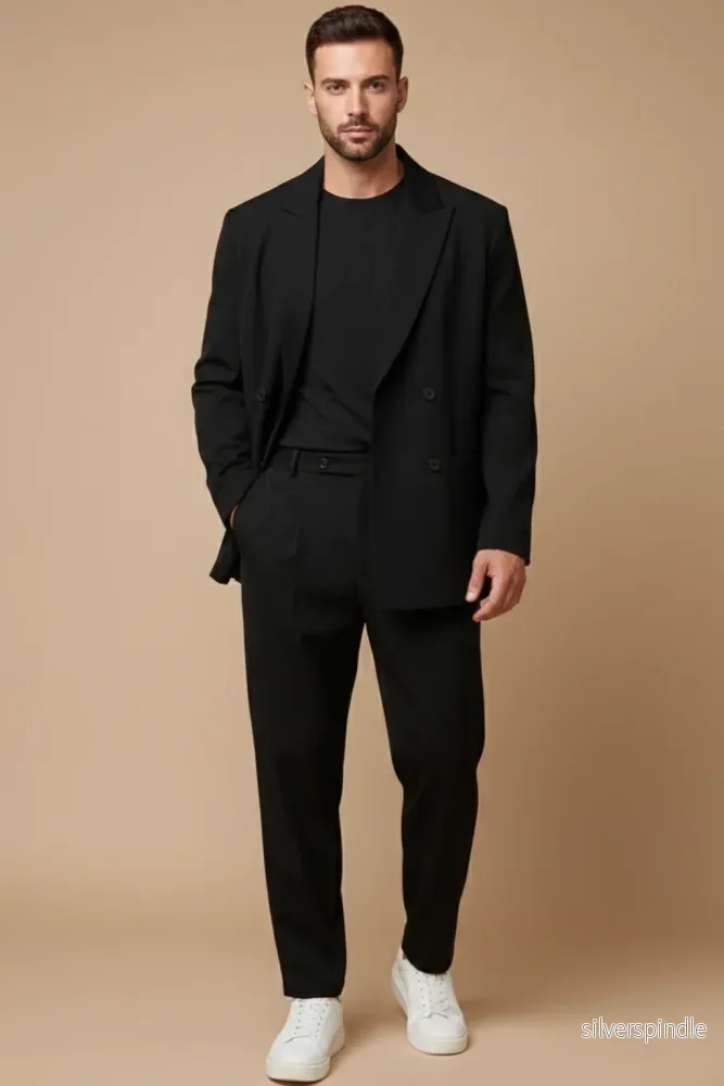 Elegant Kostym Herr | Slim Fit Tvådelad Kostym med Dubbelknäppt Kavaj | Skräddarsydd Design för Stil och Komfort