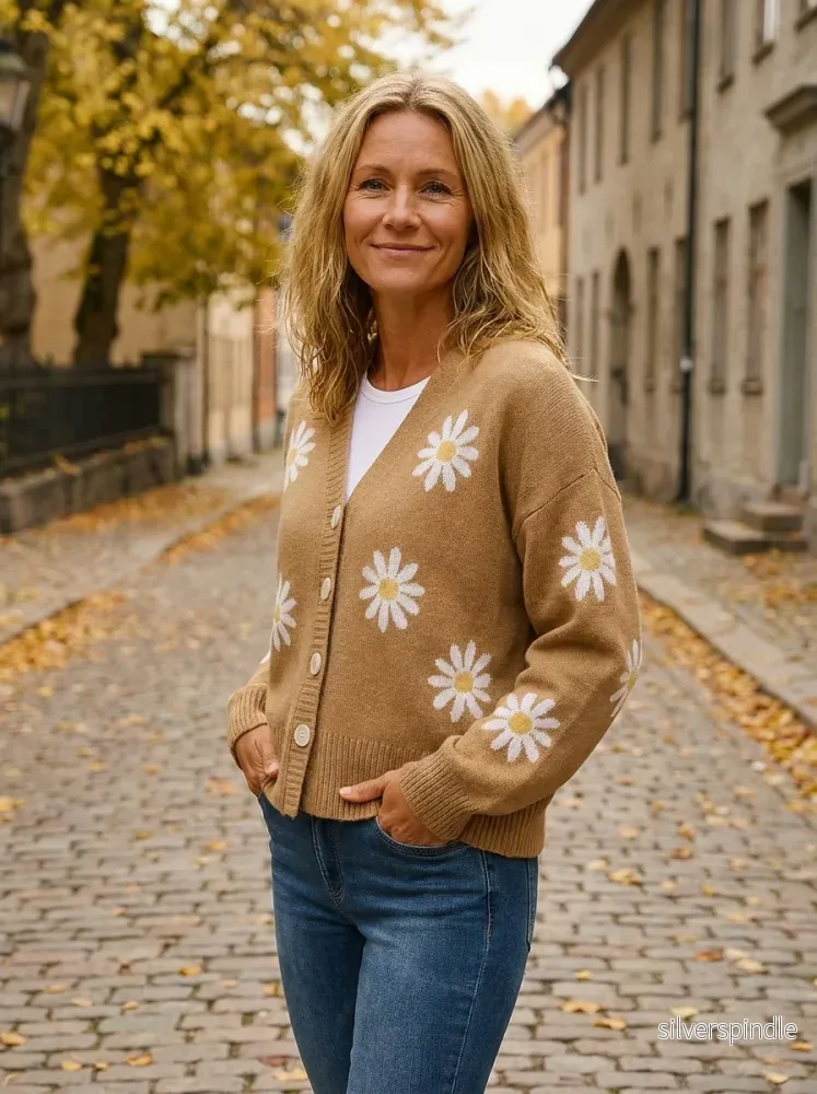 Sophie | Mysig Blommönstrad Stickad Kofta för Höst och Vinter