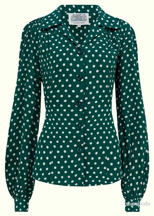 Poppy skjortablus i vintagestil - grönt med prickar