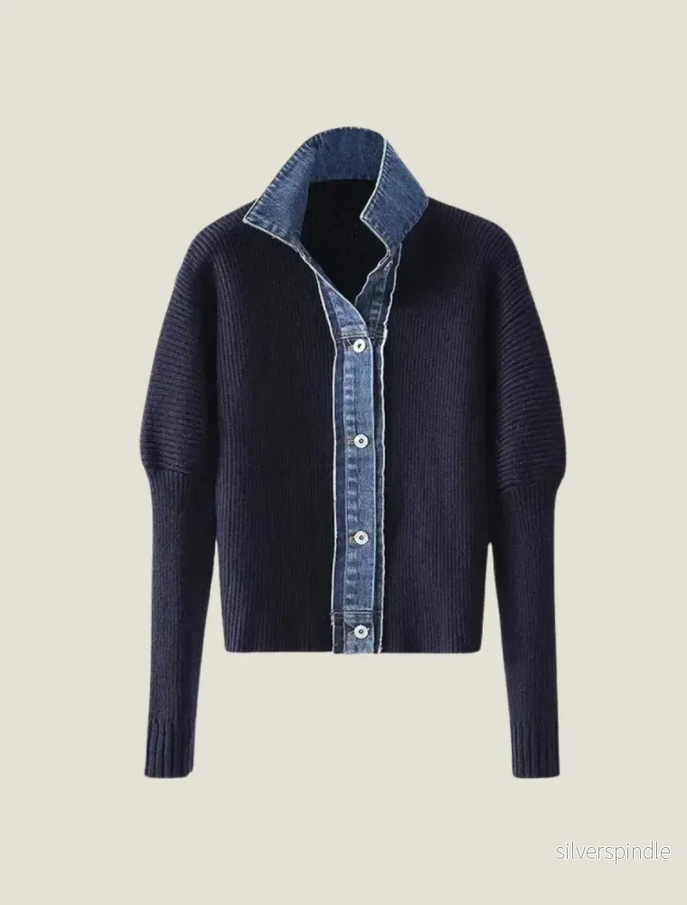 Elegant Stickad Kofta med Knappframsida och Jeansstil Trim | Mångsidig Design för Avslappnad Elegans