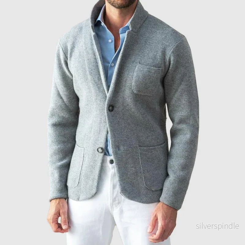 Elegant Stickad Blazerjacka för Män med Patchfickor | Bekväm och Stilren för Vardagsbruk Elegant Stickad Blazerjacka för Män med Patchfickor | Bekväm och Stilren för Vardagsbruk
