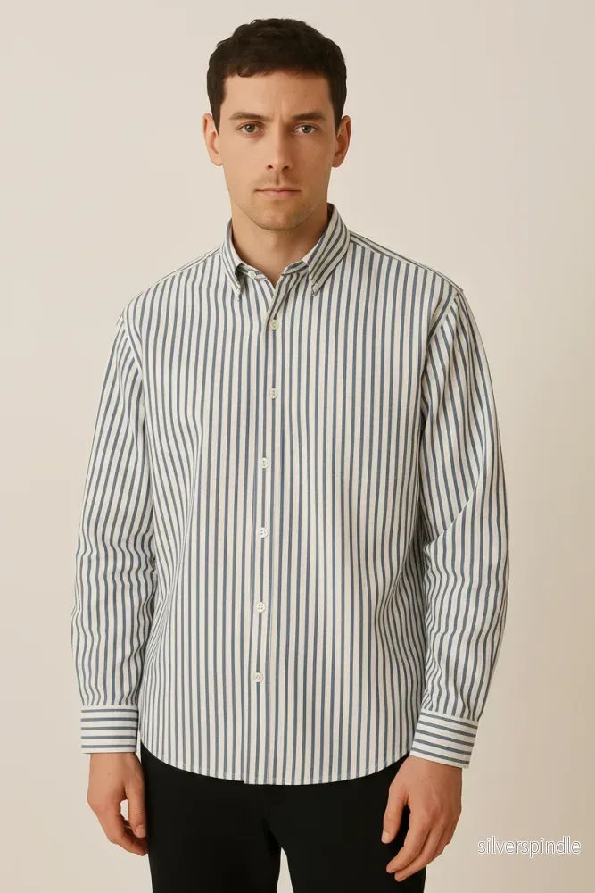 Randig Skjorta för Män med Button-Down Krage | Avslappnad Passform för Tidlös Stil - Bild 2
