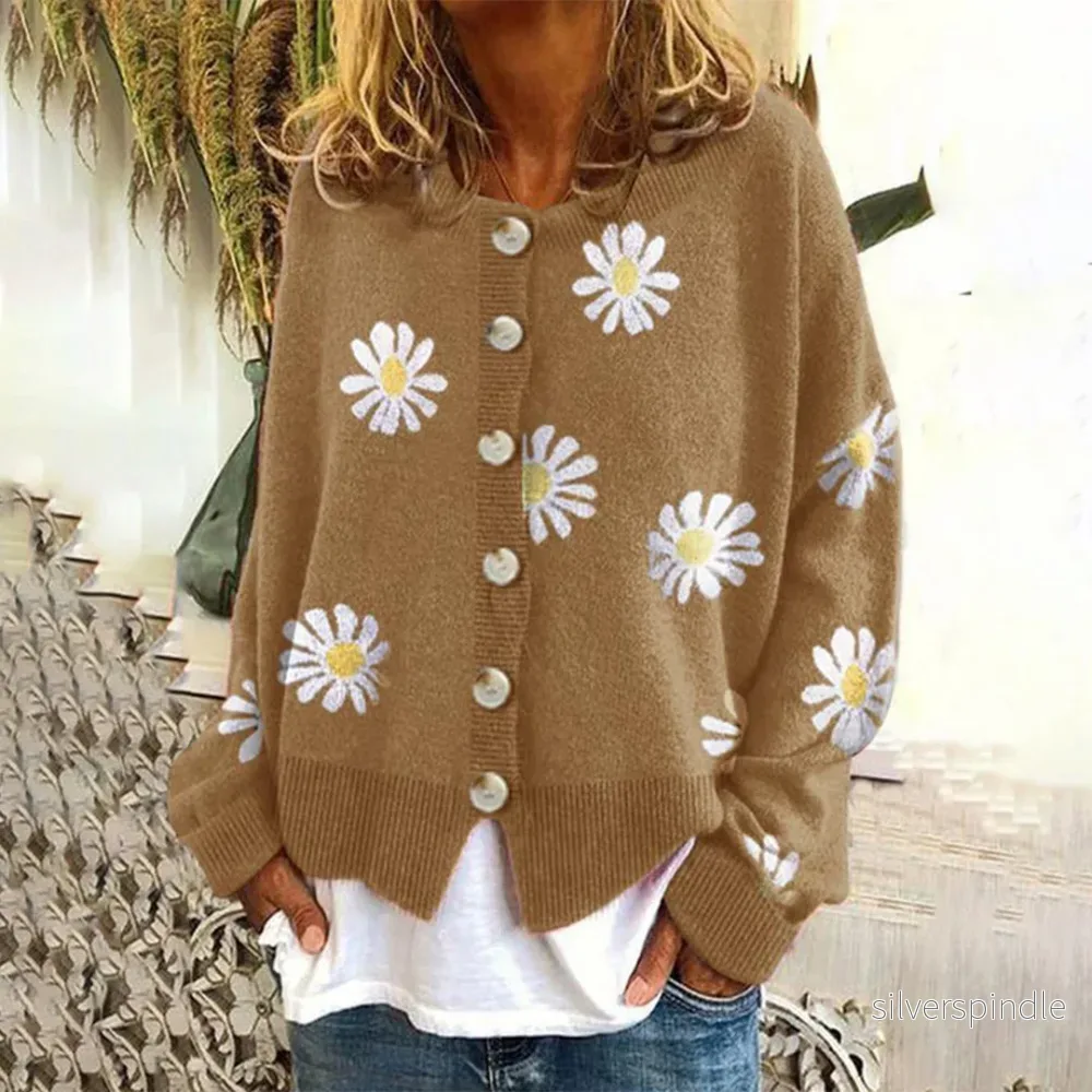 Blommig Stickad Kofta för Kvinnor med Knäppning | Mjuk och Bekväm Tröja för Eleganta Tillfällen Blommig Stickad Kofta för Kvinnor med Knäppning | Mjuk och Bekväm Tröja för Eleganta Tillfällen