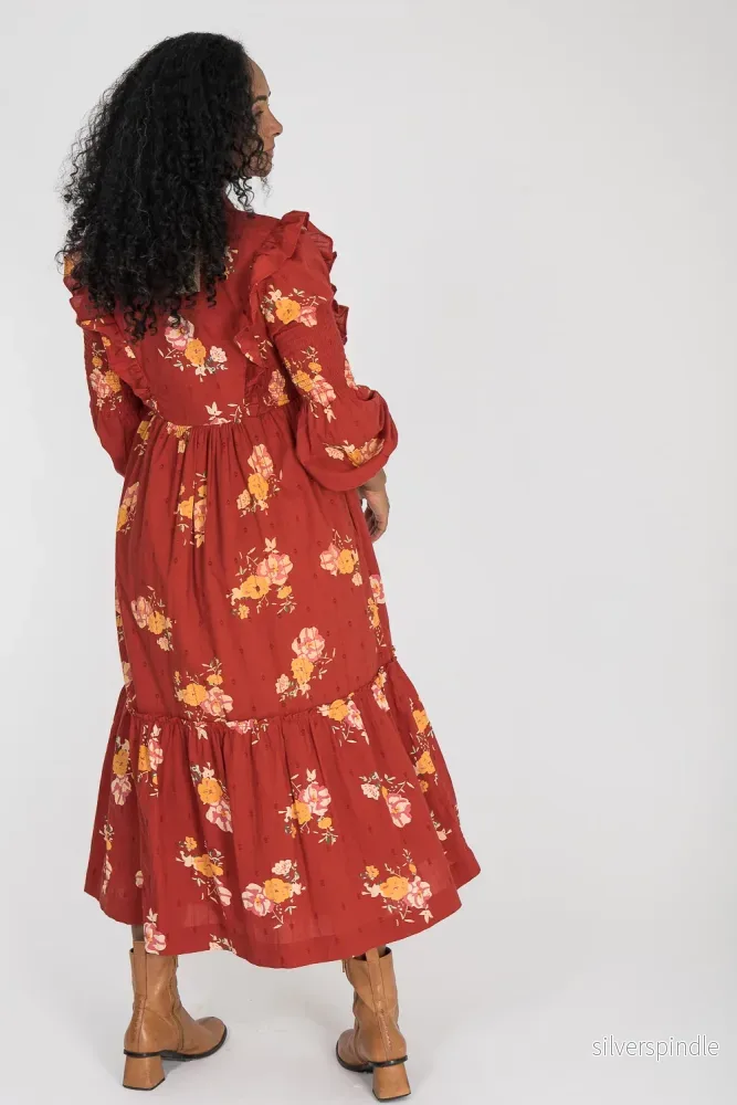 Flounce dobby midi dress - Red Flower - Bild 3