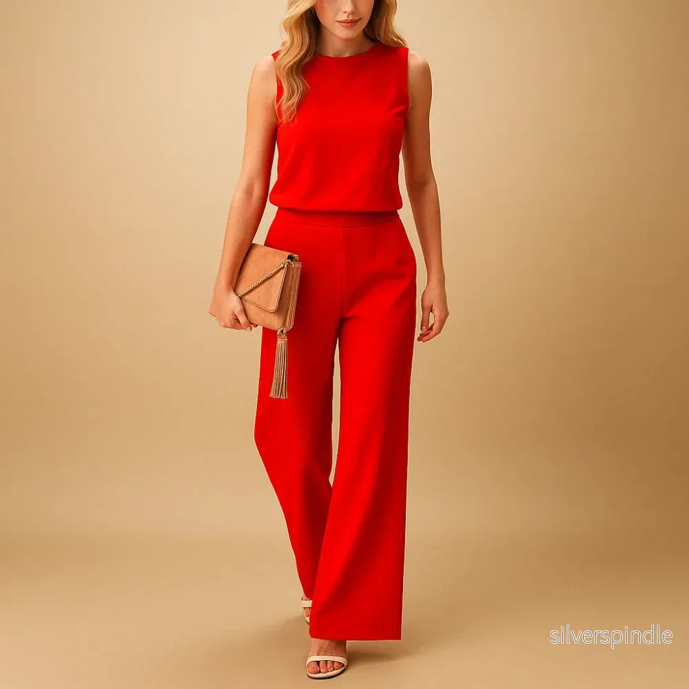 Elegant Jumpsuit | Kvinnors Rund Hals med Bred Ben Design | Mångsidig Outfit för Stiliga Tillfällen - Bild 3