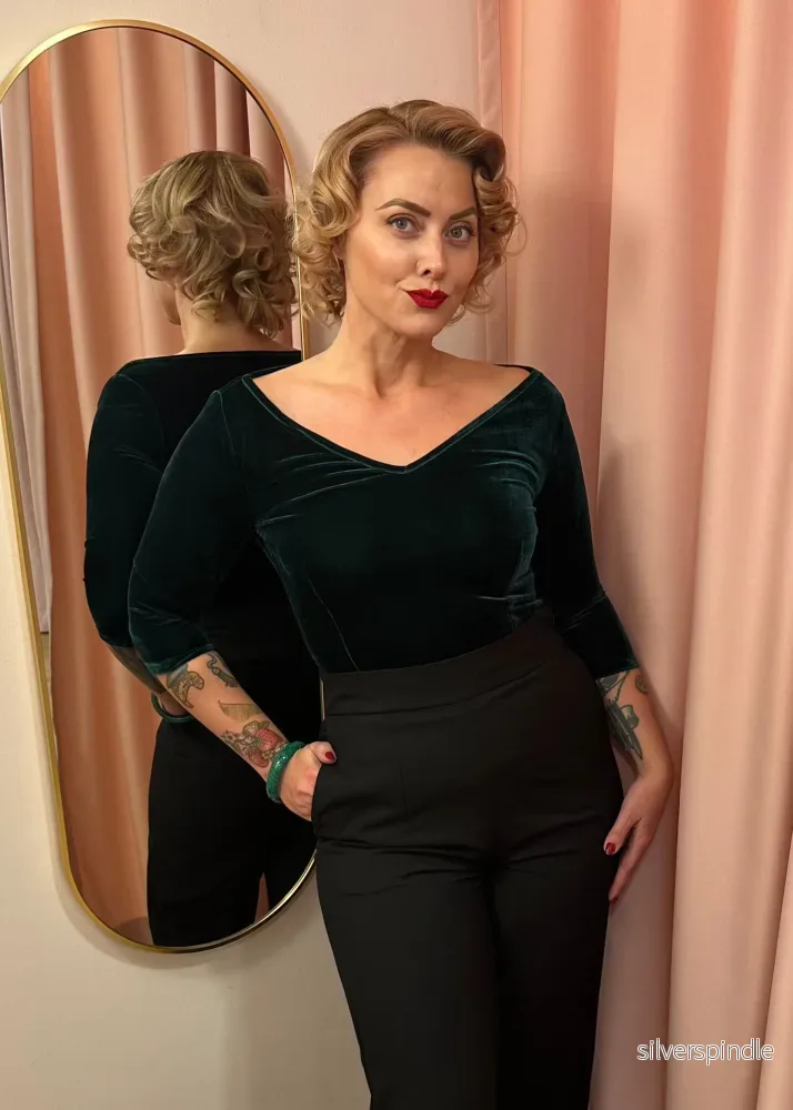 Vändbar topp med båthals - grön velour - Bild 3