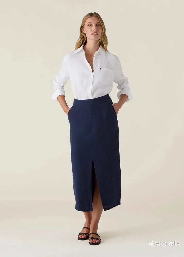 Lexington Midi Linen Skirt Navy