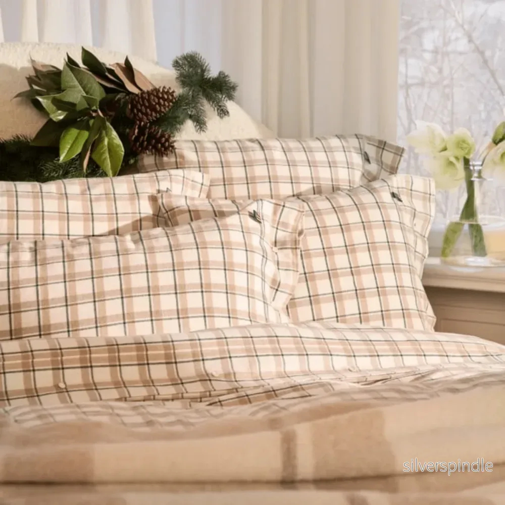 Lexington Green/Beige/White Checked Cotton Flannel Påslakanset - Bild 2