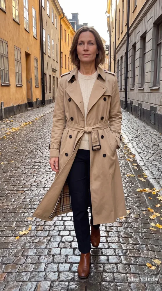 Elegant Trenchcoat | Dubbelknäppt Design med Bälte & Rutigt Foder | Tidlös Stil för Kalla Dagar