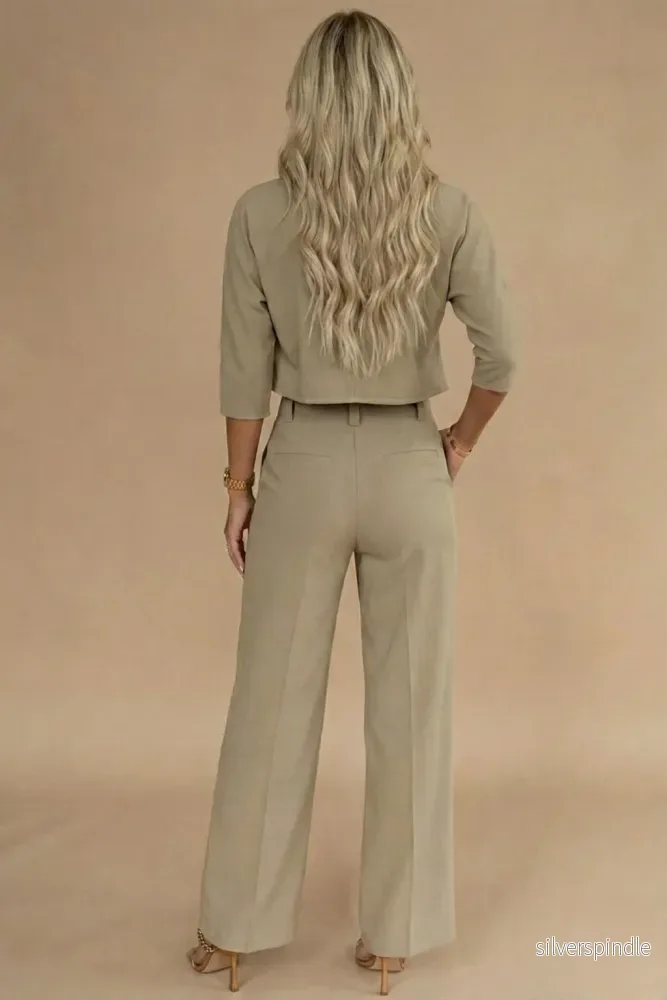 Elegant Tvådelat Set Dam | Långärmad Croptop & Högmidjade Byxor för Stilfulla Tillfällen - Bild 2