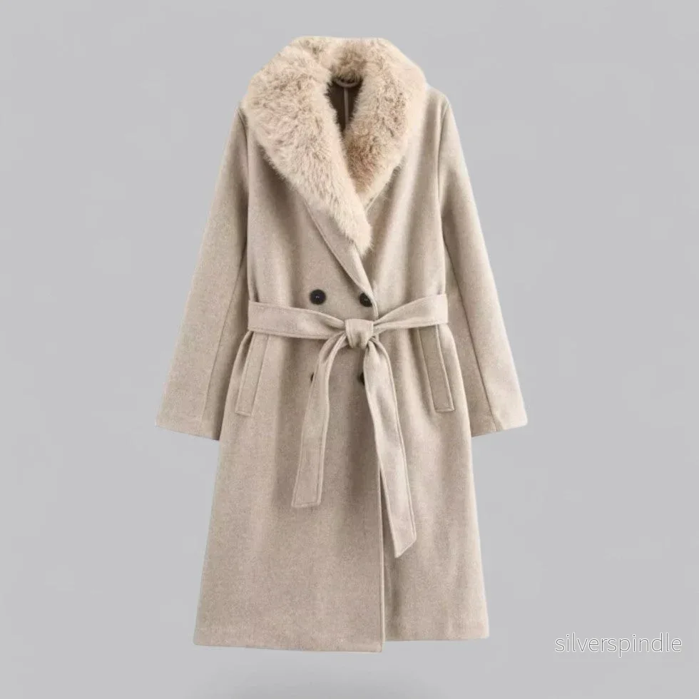 Elegant Trenchcoat för Kvinnor | Dubbelknäppt Design med Fuskpälskrage | Stilren Långlinjekappa för Mångsidig Användning Elegant Trenchcoat för Kvinnor | Dubbelknäppt Design med Fuskpälskrage | Stilren Långlinjekappa för Mångsidig Användning