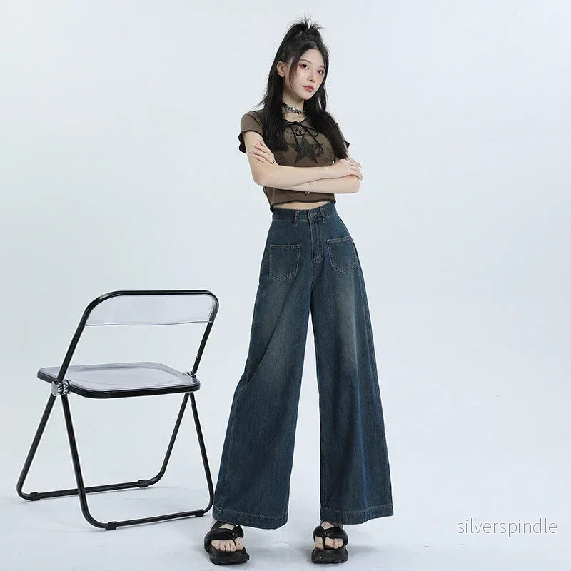 Mia | Retro Lösa Hög Midja Byxor Dam i Denimblandning - Bild 3